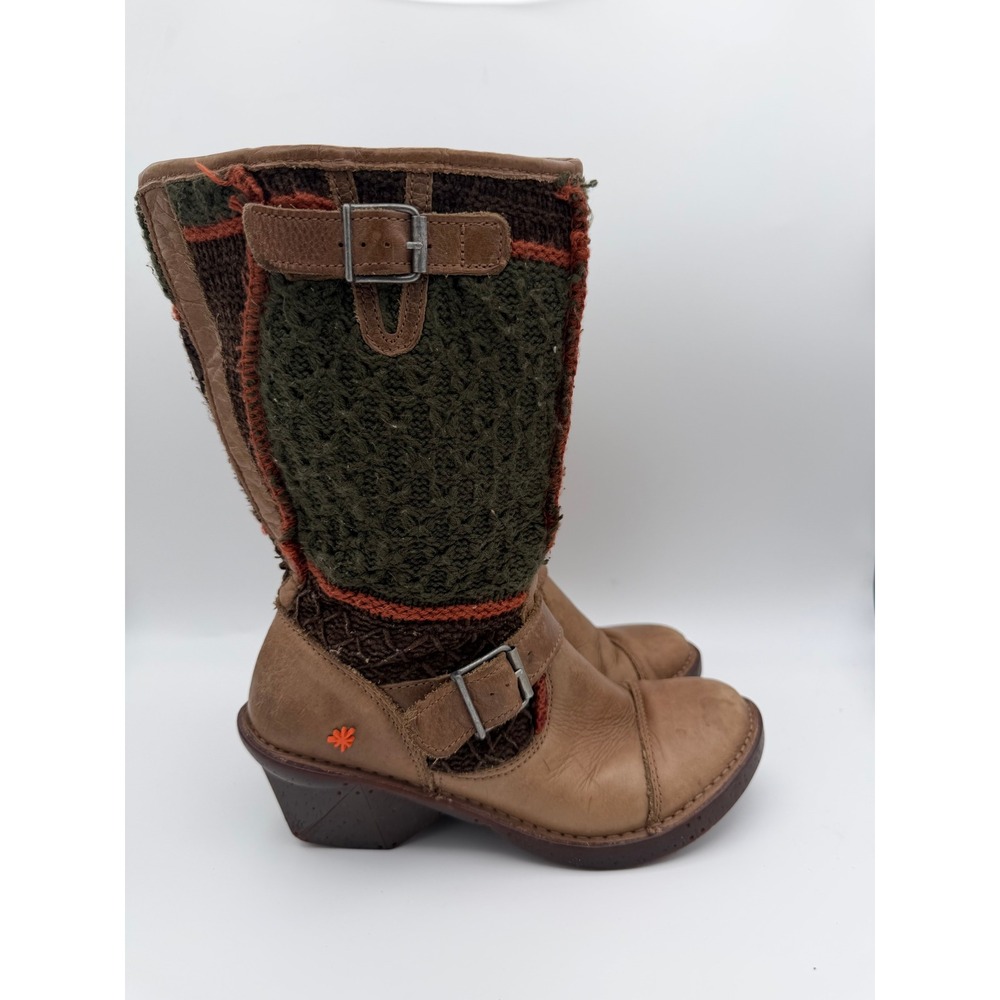 Art Company Womens 617 Patchwork Knit Leather Mid Calf Boots Tan Multi Size 39